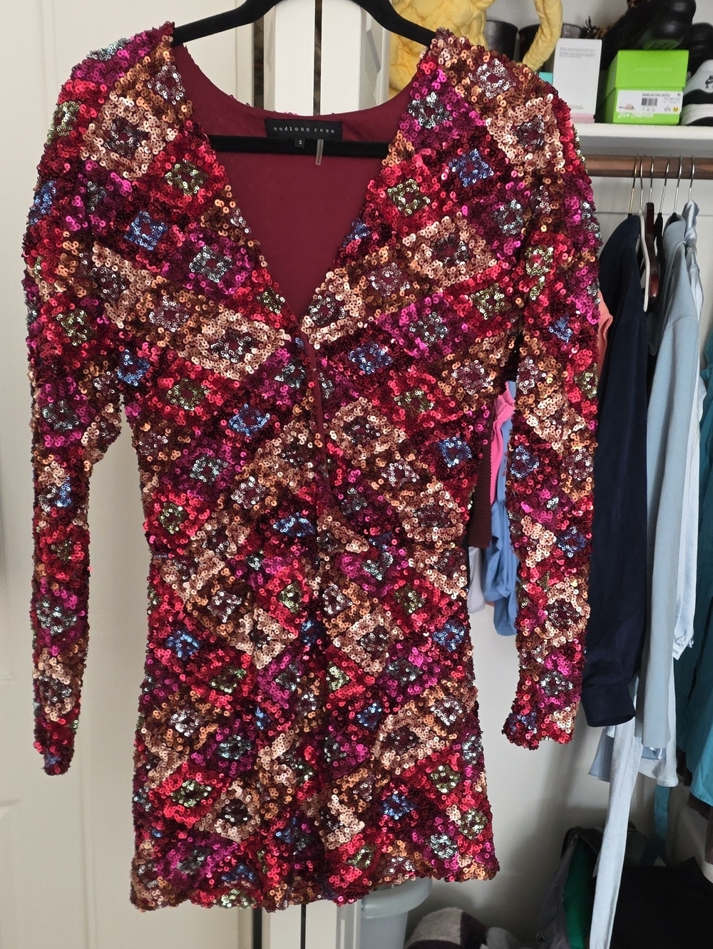 Endless Rose Burgundy Multi Sequin V-Neck Mini Dress